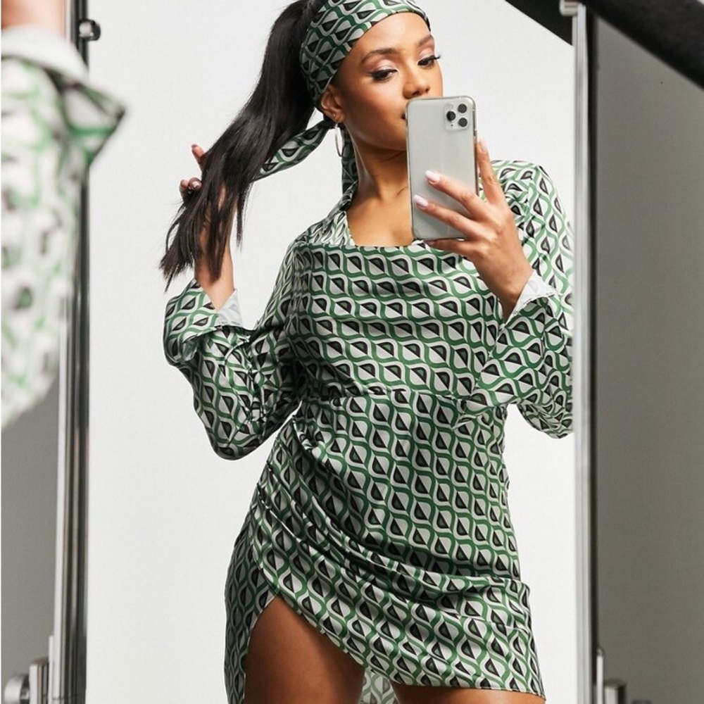 ASOS DESIGN collared cowl neck mini dress in geo print with matching headscarf